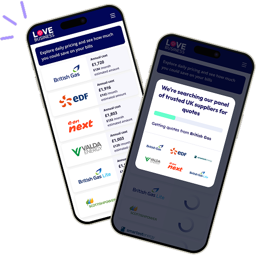 Mobile device displaying business energy comparison results from Love Business.